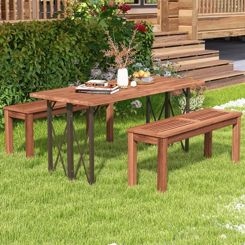 Vista 2 de RELAX4LIFE Banco de madera para exteriores, banco de patio con asiento de listones, marco de madera maciza resistente a la intemperie, banco