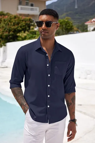 Vista 2 de COOFANDY Camisa casual con botones para hombre, camisa de cambray de lino de manga larga