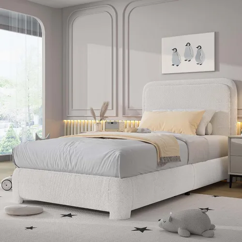 Vista 8 de Base de cama individual, cabecera Cloud Boucle, esquinas redondeadas, color beige