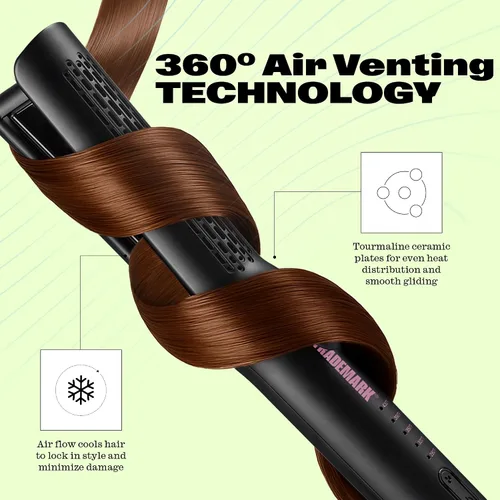 Vista 7 de Trademark Beauty Plancha plana para peinar el flujo de aire, alisador y rizador de pelo 2 en 1, placas de cerámica, revestimiento de turmalina, Negro