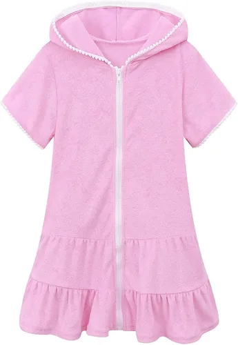 Vista 2 de Bata de baño para niñas pequeñas, con cremallera, para playa, con bolsillos, con vuelo (rosa, 3-4 años)