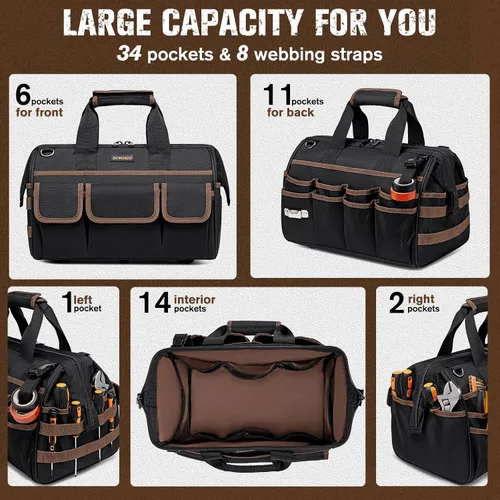 Vista 2 de Bolsas de herramientas resistentes de 16.5 pulgadas para hombres, bolsa de herramientas grande de 34 bolsillos con correa de hombro ajustable