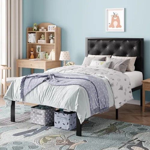 Vista 8 de SHA CERLIN Base de cama de plataforma tamaño individual con estructura de metal, cabecero tapizado de cuero PU con botones, base de colchón con 31.5