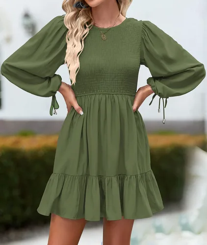 Vista 3 de ZESICA Vestido fruncido de manga larga para mujer, estilo casual, cuello redondo, escalonado, para cóctel, boda, fiesta, mini vestidos