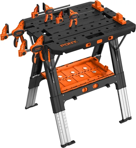 Vista 9 de Pony Portable Folding Work Table, Workbench & Sawhorse 2-in-1 Design, 31"x25"x25"-35" Height Adjustable, Heavy Duty, 4 Bench Dogs, for Woodworkers