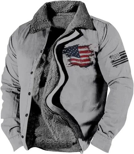 Vista 27 de LOAIHA Chaqueta de invierno para hombre, chaqueta de bandera estadounidense, abrigos occidentales para hombre, con cremallera, forro polar cálido