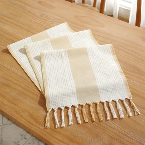Vista 5 de Hsvanyr Camino de mesa trenzado a rayas rectangular con exquisita borla para cocina, comedor, picnic, mesa de café, 13 x 63 pulgadas, a prueba