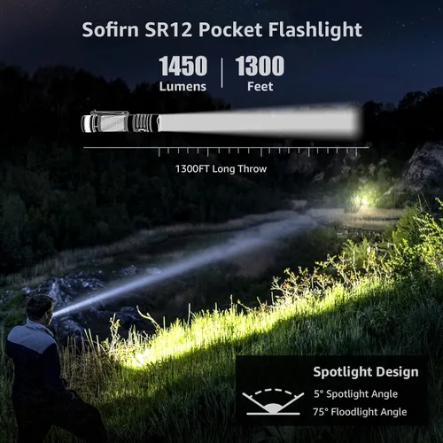 Vista 2 de Linterna de bolsillo recargable con luz LED – Sofirn SR12 pequeñas linternas potentes, luz EDC brillante, linterna magnética de 1300 pies de largo