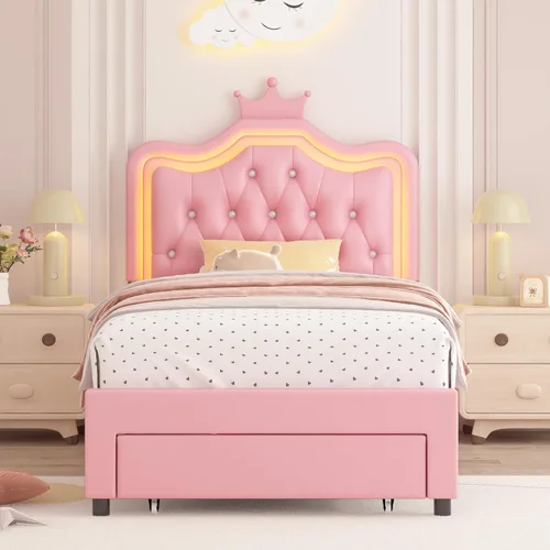 Vista 5 de Marco de Cama LED Tapizada Tamaño Twin con Cajón de Almacenamiento, Cama de Plataforma de Princesa de Cuero con Cabecera de Corona con Botones