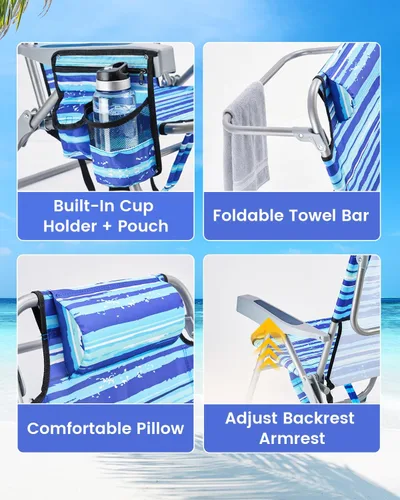 Vista 3 de GVDV Sillas de playa tipo mochila para adultos, silla plegable plana portátil con portavasos y toalleros, silla reclinable ajustable de 4 posiciones