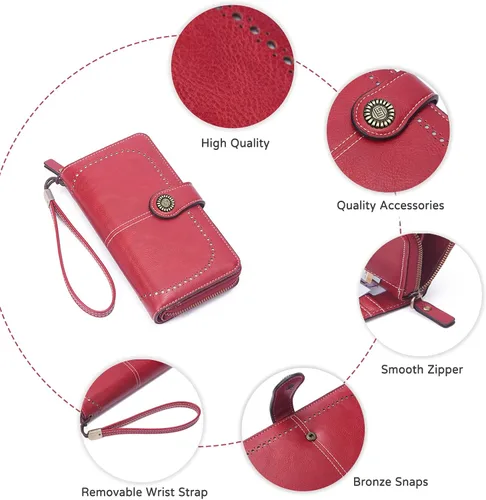 Vista 5 de PORRASSO Cartera de mujer Bolso de cuero con tarjetero para teléfono celular con correa para la muñeca, Negro -, Classic