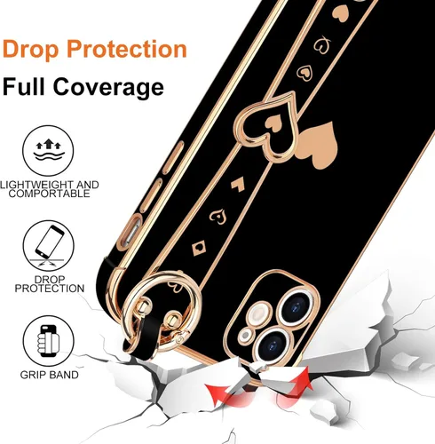 Vista 4 de LLZ.COQUE Funda para iPhone 11 con correa chapada en corazón, para mujeres y niñas, protección de lente de cámara de silicona suave, a prueba
