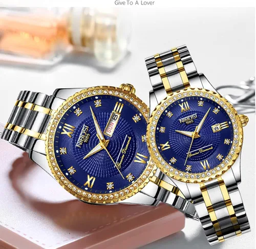 Vista 3 de NIBOSI Relojes para parejas diamantes de lujo para hombres y mujeres para él y para ella juego de relojes para marido esposa San Valentín reloj