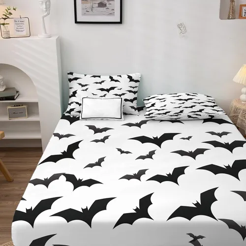 Vista 2 de Juego de sábanas de murciélago tamaño individual, sábanas de Halloween, sábanas y fundas de almohada estampadas de 3 piezas, sábana bajera ajustable