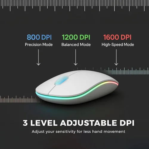 Vista 4 de Mouse inalámbrico – Silencioso, recargable, luz RGB, USB de 2.4 GHz, mouse delgado ergonómico para laptop, Mac, oficina, PC