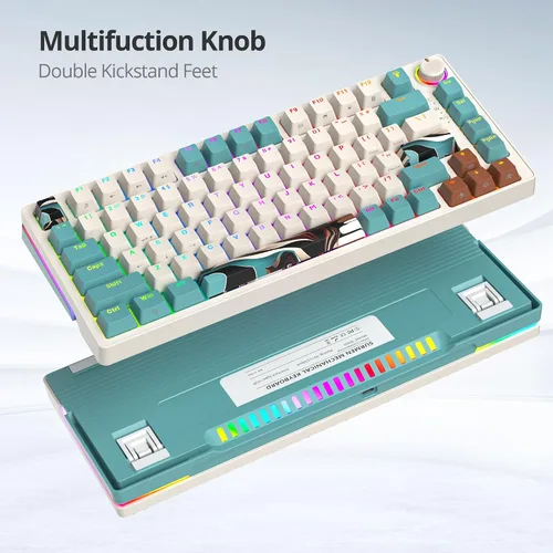 Vista 6 de Teclado mecánico para juegos 75% marrón, compacto de 82 teclas intercambiable en caliente con perilla, perfil OEM retroiluminado RGB, teclado USB-C