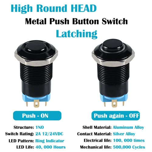 Vista 2 de 2 interruptores de botón de metal con pestillo de 0.472 pulgadas, cabeza elevada de 12 V-24 V, 4 pines de encendido y apagado, 1 no, carcasa negra