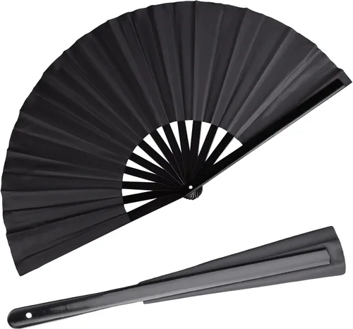 Vista 10 de Paquete de 4 ventiladores de mano plegables grandes, ventilador chino negro de Kung Fu Tai Chi, ventilador de tela de nailon para hombres y mujeres