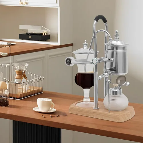 Vista 4 de Cafetera de sifón vintage, cafetera de sifón, elegante sistema de cafeteras retro, cafetera plateada con lámpara de alcohol para un rico sabor