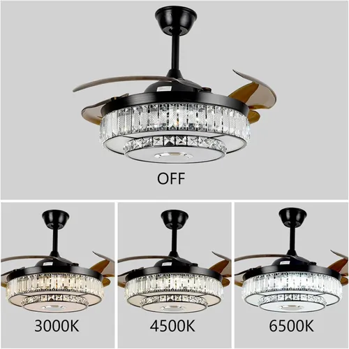 Vista 3 de Ventilador de techo retráctil de 42 pulgadas con luz y control remoto, candelabro negro cristal, moderno, comedor