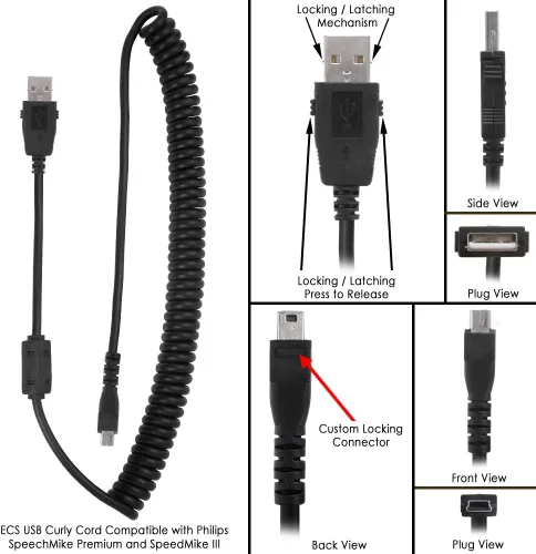 Vista 2 de ECS Cable rizado USB de repuesto de 2.5 a 5.5 pies compatible con SpeechMike Premium y Touch