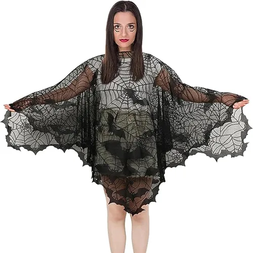 Vista 7 de Capa de Halloween para mujer, poncho gótico de telaraña para cosplay, escenario, fiesta, disfraz de Halloween para mujer Negro
