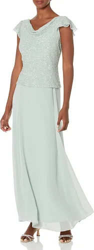 Vista 13 de J Kara Vestido largo de manga con volantes y cuello redondo y cuentas para mujer Champán Multi
