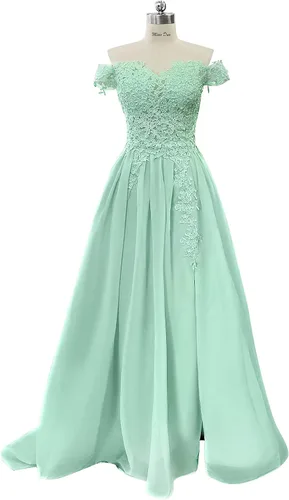 Vista 2 de Miao Duo Vestidos largos de graduación con hombros descubiertos para mujer, con abertura de encaje, apliques de gasa, vestidos formales de fiesta