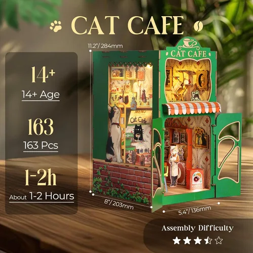 Vista 4 de Kit de Rincón de Libros, Kit de Casa en Miniatura DIY para Adultos, Adolescentes y Principiantes, Casa de Muñecas Booknook Café de Gatos Casa Café