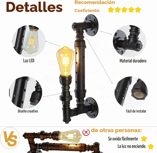 Vista 4 de Juego de 2 apliques de pared antiguos de granja, estilo rústico, vintage, steampunk, para tubería de agua, E26, lámpara de montaje en pared