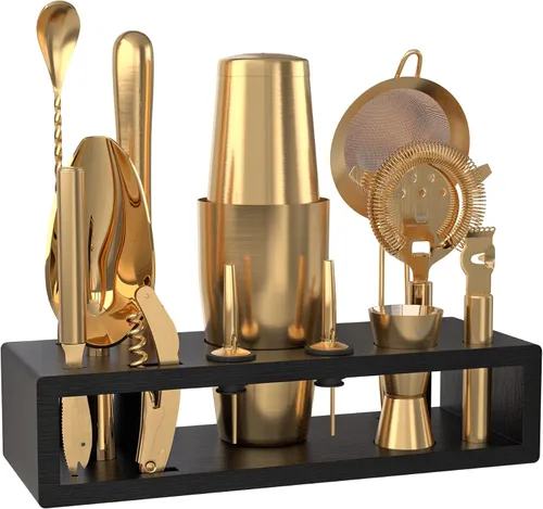 Vista 10 de Kit de bartender Highball & Chaser con soporte de bambú negro, hermoso juego de coctelera, juego y herramientas para barra, agitador Boston de acero