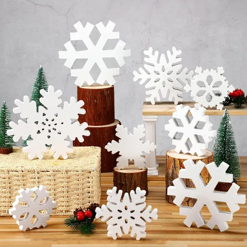Vista 3 de Kajaia 9 piezas de decoración de mesa de copo de nieve de madera de invierno blanco 3D copo de nieve centros de mesa de invierno letrero de pie