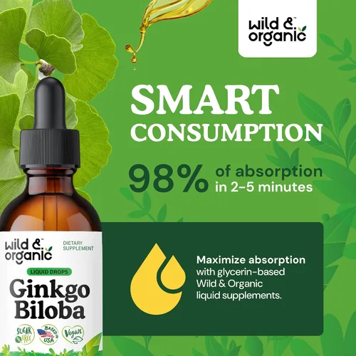 Vista 4 de Wild & Organic Tintura de ginkgo biloba, apoyo para el cerebro y la concentración con suplemento de hoja de ginkgo, tintura de extracto de hierbas
