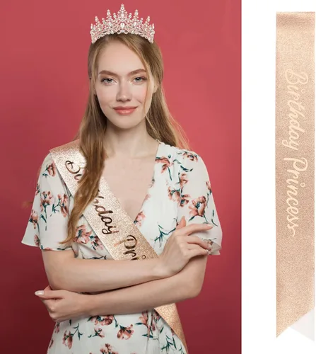 Vista 7 de CAVETEE Corona y banda de princesa de cumpleaños, corona de cumpleaños con banda de purpurina para decoraciones de fiesta de princesa, accesorios