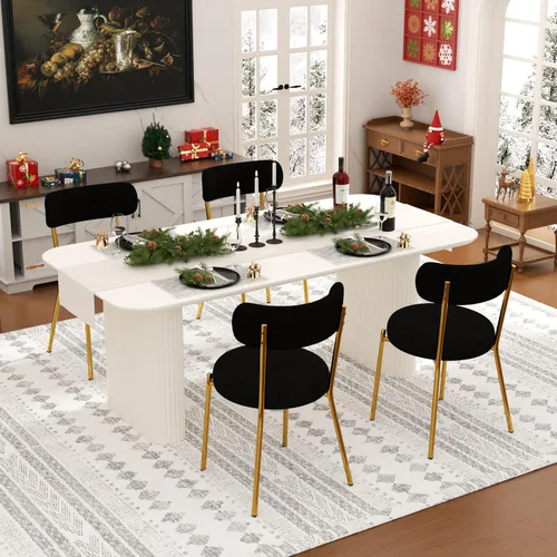 Vista 12 de Juego de mesa de comedor ovalada negra moderna de 70.9 pulgadas para 4, mesa de cocina rectangular estilo crema con sillas negras Boucle, juego