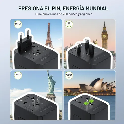 Vista 3 de EPICKA Adaptador de viaje universal, adaptador de enchufe de viaje europeo (no un convertidor de voltaje), adaptador de corriente internacional Gris