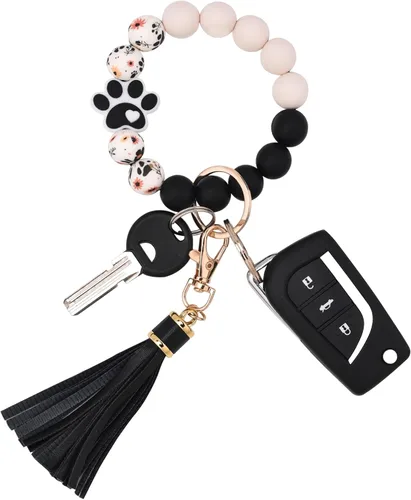 Vista 24 de BAOSIWA Pulsera de cuentas de silicona, llavero de pulsera, cadena para mujer, con borla de cuero Negro