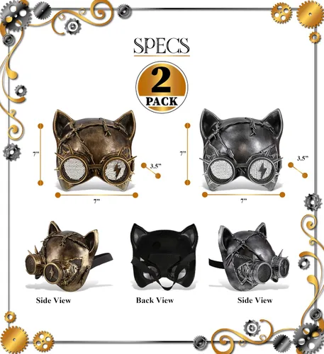 Vista 2 de Attitude Studio Steampunk - Juego de 2 máscaras metálicas de gato, color dorado y plateado