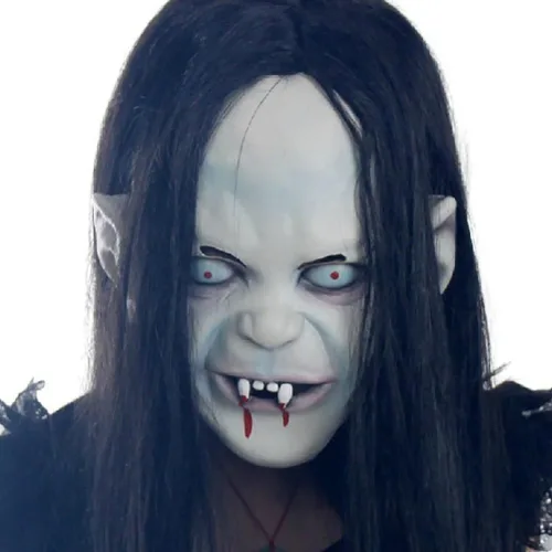 Vista 2 de LUOEM Halloween terror Grimace fantasma máscara larga peluca de pelo Grudge Sadako fantasma espeluznante disfraz máscara para Halloween fiesta