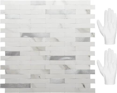 Vista 15 de STICKGOO Azulejo de protección contra salpicaduras para despegar y pegar, para cocina y baño, aspecto de madera negra y gris, PVC, mezcla de metal