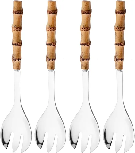 Vista 10 de Juego de 4 utensilios para servir con mango de bambú, acero inoxidable 304, cuchara larga Hanlde para cocina, bufé, banquete, boda, fiesta, cocina