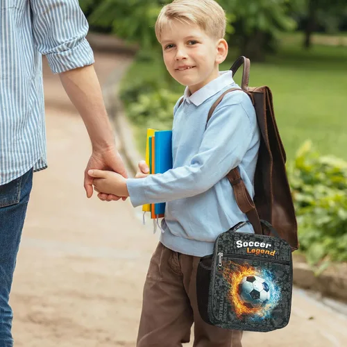 Vista 9 de Clastyle Bolsa de almuerzo con aislamiento 3D para niños, bolsa térmica grande para niños, picnic, escuela, lonchera tote, fútbol de fuego