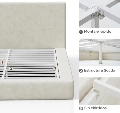 Vista 8 de RECCI Cloud - Base de cama Queen tapizada con cabecero, plataforma acolchada de espuma de 5 pulgadas, sin somier, fácil montaje (crema)