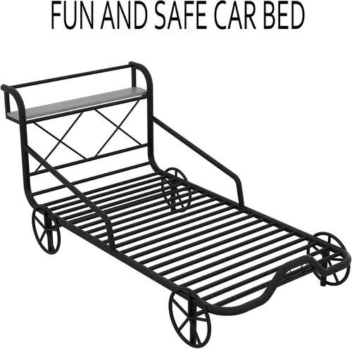 Vista 3 de Cama individual para automóvil con 4 ruedas, barandillas, estante de almacenamiento para niños, adolescentes, niños y niñas, marco de cama