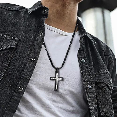 Vista 2 de Viskyna Men's Cross Necklace Stainless Steel Cross Pendant Necklace Crucifix Religious Jewelry Gift for Men with 24 Inches Chain