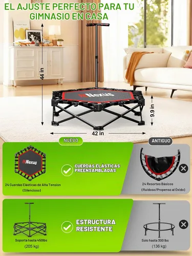 Vista 7 de 42" Foldable Mini Trampoline- 450lb Capacity Fitness Rebounder w/3-Level Adjustable T-Bar, Adults Workout Trampoline, Non-Slip Pad Foldable Design