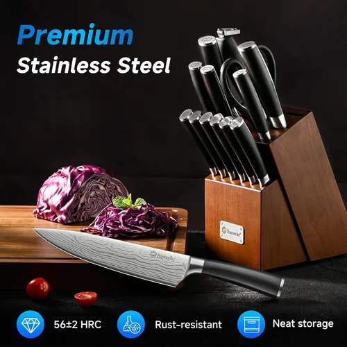 Vista 3 de Sunnecko Juego de cuchillos con bloque y afilador, juego de bloque de cuchillos de cocina de 15 piezas, cuchillos de cocina afilados, acero Negro