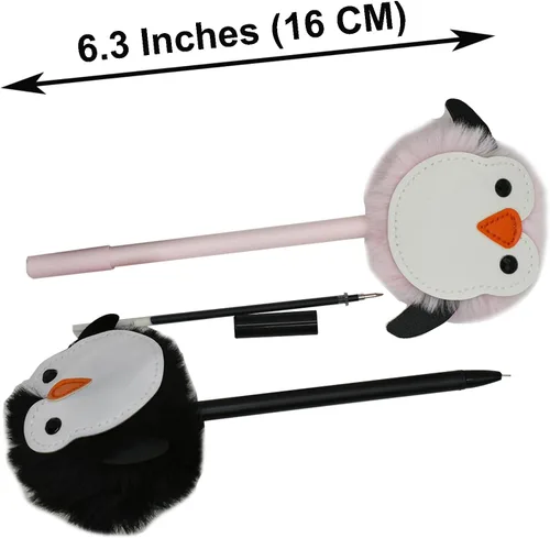 Vista 2 de Maydahui 6 bolígrafos de gel con forma de pingüino de felpa, bola de piel esponjosa, con 12 recambios de tinta negra para oficina, escuela, fiesta