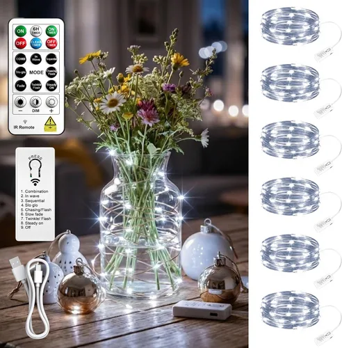 Vista 10 de Paquete de 4 50 luces LED que funcionan con pilas con temporizador de bricolaje, cadena de luces recargables de 16 pies para interiores, 8 modos
