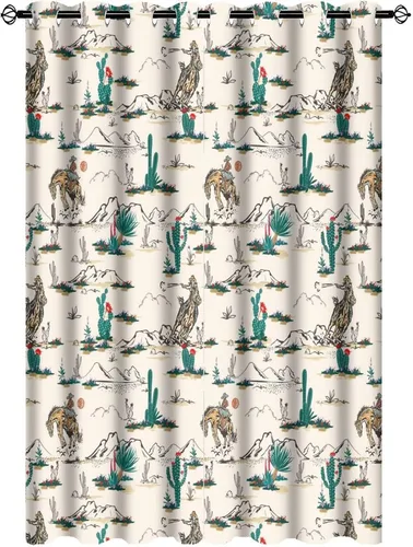 Vista 13 de Cortinas opacas retro de vaquero occidental para dormitorio, estilo rústico, cactus, salvaje oeste, vaquero, paseo, caballo, con ojales, aislamiento